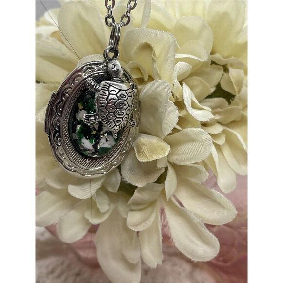 Green Turtle Opal Silver Nautical Beach Mermaid Photo Locket Necklace Valentines - Picture 4 of 16